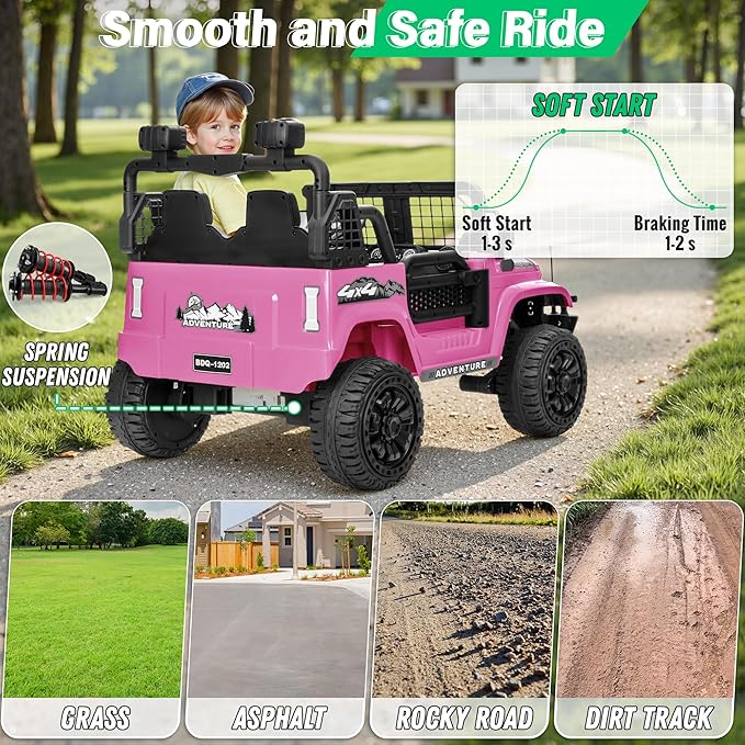 2 Seater Ride On Car Truck with Remote Control XL, Kids 24V Battery Powered Electric Vihicle w/21 in Seat, 3 Speeds, 2WD/4WD Switichable, Shock Absorbers,Bluetooth, Flower, Gift Choice-BubblyBeeBaby