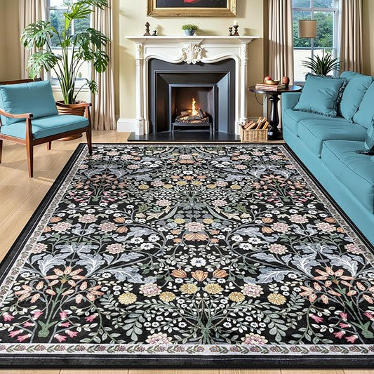 10x12 Area Rugs for Living Room: Floral Washable Rug Vintage Large Soft Boho Non-Slip Carpet Indoor Stain Resistant Low Pile Carpets for Bedroom Dining Room Farmhouse Nursery Home Office Dark Black-BubblyBeeBaby