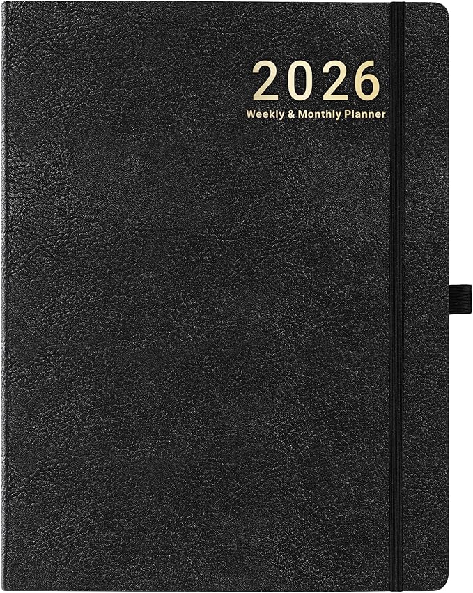 2026 Planner - JAN 2026 - DEC 2026, Planner Weekly and Monthly, Calendar Planner, 8.5" x 11", Leather Cover Planner with Thick Paper, Back Pocket with Notes Pages, Black-BubblyBeeBaby