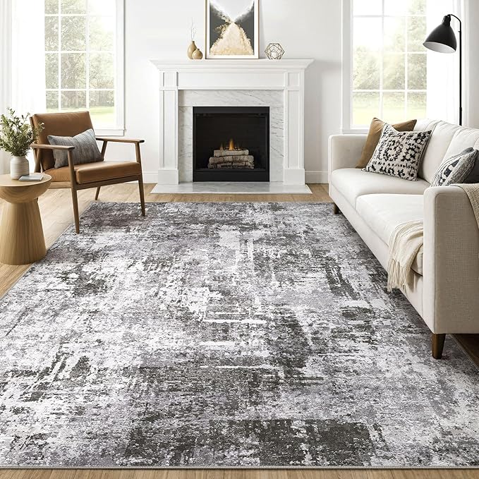 10x14 Area Rugs Living Room: Washable Large Abstract Modern Soft Rug Stain Resistant Indoor Floor Non Slip Accent Carpet for Bedroom Nursery Playroom Office Dining Room Dorm Home House- Black Grey-BubblyBeeBaby