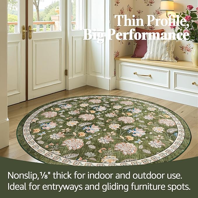 jinchan 5ft Floral Round Rug for Entryway Washable Kitchen Rug Vintage Romance Design Non Slip Indoor Doormat Lightweight Low-Profile Throw Carpet for Living Room Dining Room Bedroom, Green-BubblyBeeBaby