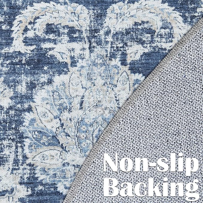 jinchan Round Rug 5ft Area Rugs Vintage Floral Distressed Design - Machine Washable Non-Slip Low-Pile Ultra-Thin Circle Rug for Entryway Bedside Living Room Dining Room Bedroom (5' Round,Dark Blue)-BubblyBeeBaby