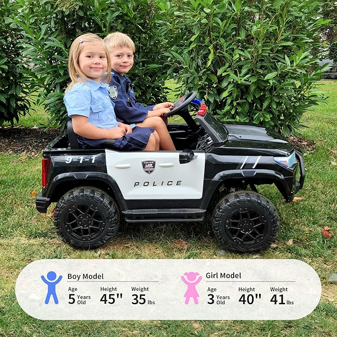 24V 10Ah Electric Police Car Ride on Toy for Big Kids, 4WD 2 Seater Kids Ride on Car SUV w/Remote Control, 4x200W Motors - Black-BubblyBeeBaby