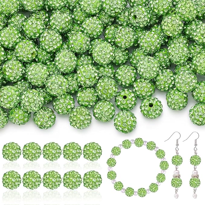 105pcs 10mm Rhinestone Beads for Jewelry Making, Light Green Shiny Round Disco Ball Beads Bulk, Sparkle Crystal Clay Christmas for Bracelet Baseball Necklace Earring Crafting and DIY-BubblyBeeBaby