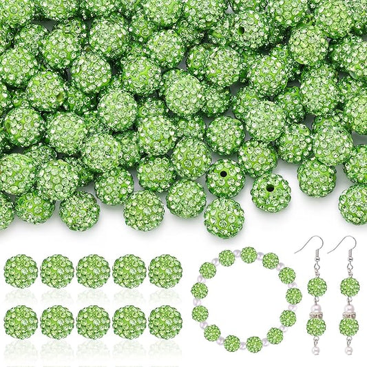 105pcs 10mm Rhinestone Beads for Jewelry Making, Light Green Shiny Round Disco Ball Beads Bulk, Sparkle Crystal Clay Christmas for Bracelet Baseball Necklace Earring Crafting and DIY-BubblyBeeBaby