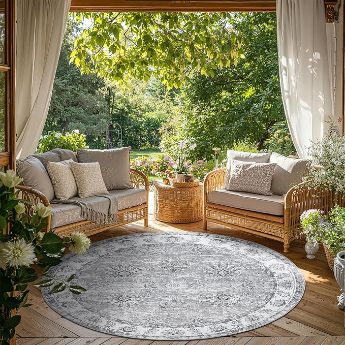 jinchan Round Rug 6ft Area Rug - Grey Vintage Floor Mat Kitchen Indoor Ultra-Thin Soft Floral Print - Washable Circle 6' Retro Accent for Farmhouse Non Slip Dining Room Living Room Bedroom Office-BubblyBeeBaby