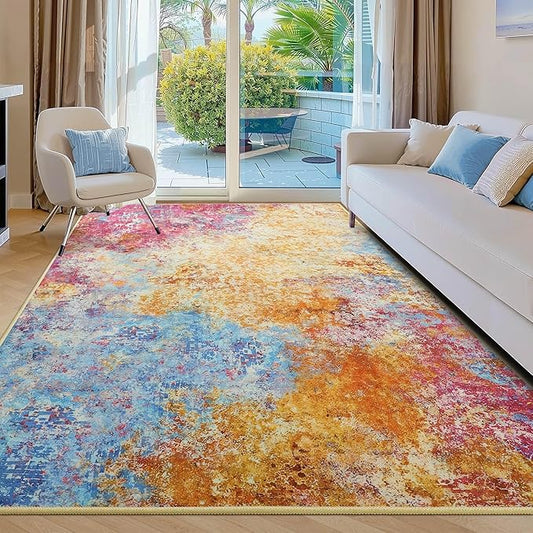 Kelarea Living Room Rug, 4x6 Modern Abstract Washable Rugs, Colorful Soft Non Slip Low Pile Carpet, Stain Resistant Rugs for Bedroom, Dining Room, Nursery, Home Office-BubblyBeeBaby