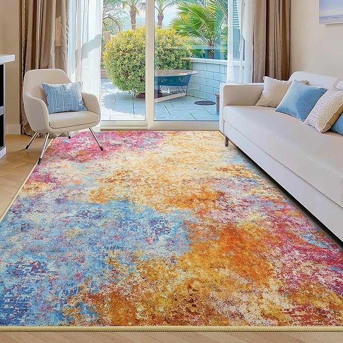 Kelarea Living Room Rug, 5x7 Modern Abstract Washable Rugs, Colorful Non Slip Low Pile Carpet, Stain Resistant Rugs for Bedroom, Dining Room, Nursery, Home Office-BubblyBeeBaby