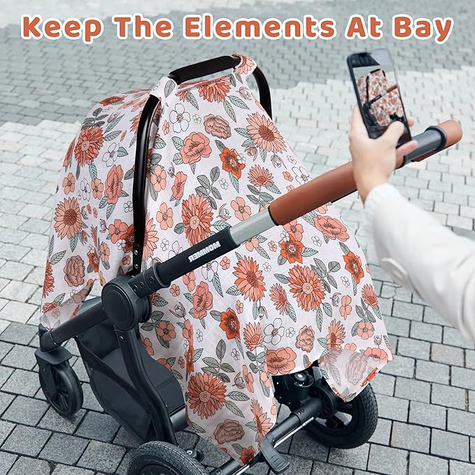 Rquite Car Seat Cover, Muslin Cotton Infant Car Seat Canopy, Breathable Baby Carrier Cover, Summer Stroller Sun Shade, Flower-BubblyBeeBaby