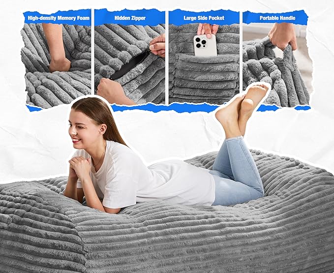 Hobestluk 5FT Bean Bag Chairs Adult Bean Bag with Portable Handle Comfy Large Bean Bag Lounge Chair with Removable Cover for Living Room Bedroom (Stripe Grey, 5FT)-BubblyBeeBaby