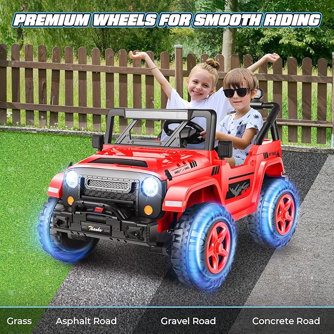 Hikole 24V Kids Electric Car with Remote Control - 4WD/2WD Switchable Two Seater Ride on Cars with 4x200W Powerful Engines, LED Lights, Spring Suspension, Ride on Toys for Kids Ages 4-8, Red-BubblyBeeBaby