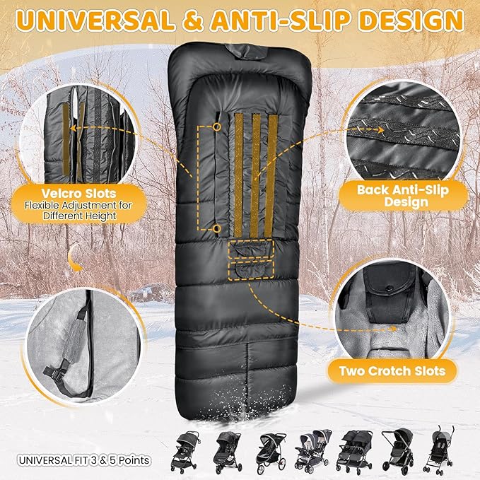 Orzbow Universal Stroller Bunting Bag with Extra Footmuff for Toddler, Kids, Warm Waterproof Stroller Blanket, Winter Cover, Baby Bunting Bag - Protect Babies from Cold Winds, Black-BubblyBeeBaby