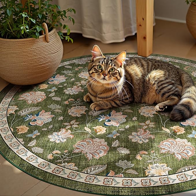 jinchan 6ft Floral Round Rug for Dining Room Washable Living Room Rug Vintage Romance Design Non Slip Indoor Floor Cover Lightweight Low-Profile Throw Carpet for Bedroom Porch Patio, Green-BubblyBeeBaby