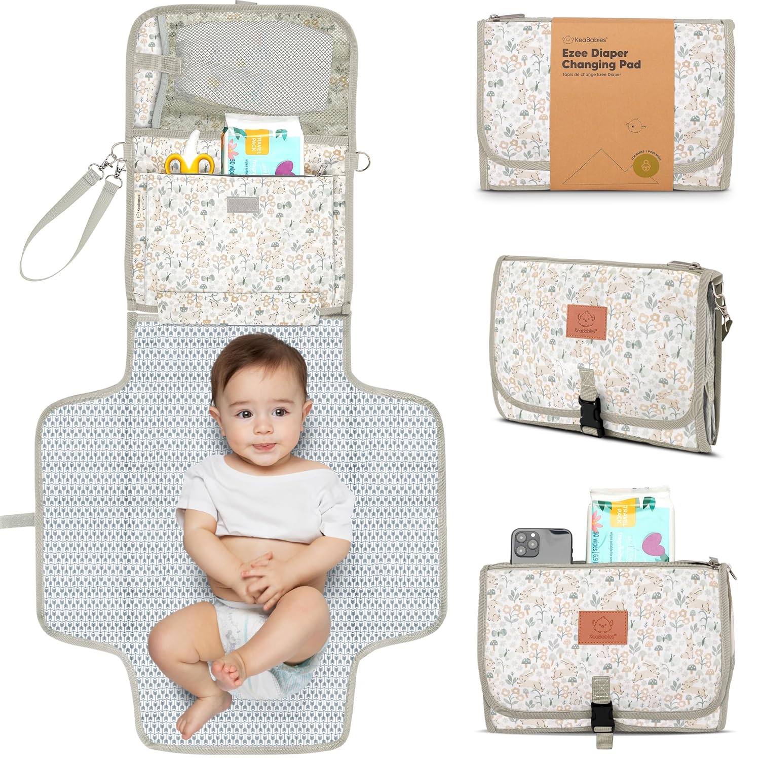 KeaBabies Portable Diaper Changing Pad - Large Waterproof Baby Changing Mat, Compact Travel Diaper Clutch, Functional Pockets Fit Newborn Essentials, Wipeable & Padded Baby Changer (Prairie)