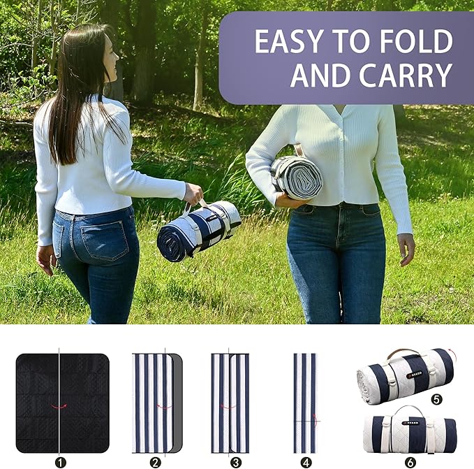 HX&OD Outdoor Picnic Blanket Extra Large, 80''*80'' Waterproof Picnic Mat with Stakes Foldable Camping Blanket Portable with Carry Strap for Beach Mat (Blue& White, 80''*80'')-BubblyBeeBaby