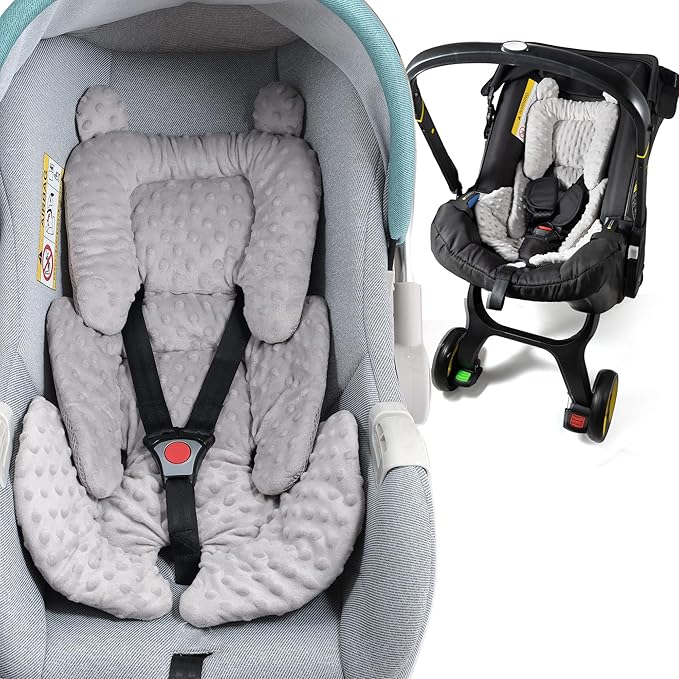 3in1 Baby CarSeat Head Support for Infant, Reversible Soft Infant Car Seat Insert Newborn Boy Girl, Breathable Cotton Head Body Support Pillow Cushion,Stroller,Swing,Bouncer,Baby Registry,Grey-BubblyBeeBaby