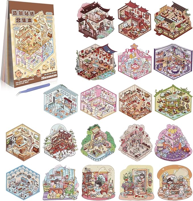 20 Sets DIY 3D Sticker Scenes for Adults Relief Stress, Cute Kawaii 3D House Sticker Therapy for Women Teen Girls Kids Pass The Time, Make Your Own Mini Room Scene Collection Book with Tweezer-BubblyBeeBaby