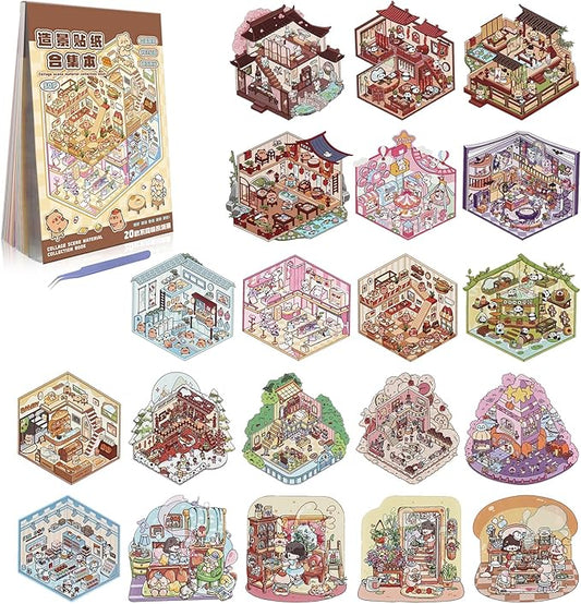 20 Sets DIY 3D Sticker Scenes for Adults Relief Stress, Cute Kawaii 3D House Sticker Therapy for Women Teen Girls Kids Pass The Time, Make Your Own Mini Room Scene Collection Book with Tweezer-BubblyBeeBaby
