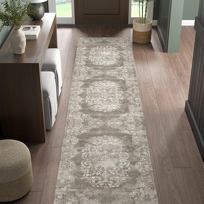 jinchan Hallway Runner Rug 2x10 Vintage Floral Distressed Design - Machine Washable Non-Slip Low-Pile Soft Thin Faux Wool Kitchen Carpet for Farmhouse Bedroom Laundry Room(2x10ft,Brown)-BubblyBeeBaby