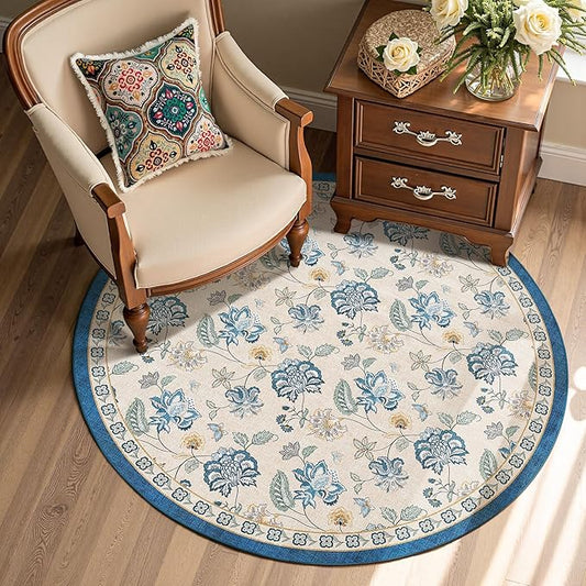 jinchan 4ft Floral Round Rug for Entryway Washable Kitchen Rug Vintage Romance Design Non Slip Indoor Doormat Lightweight Low-Profile Throw Carpet for Living Room Dining Room Bedroom, Blue/Beige-BubblyBeeBaby