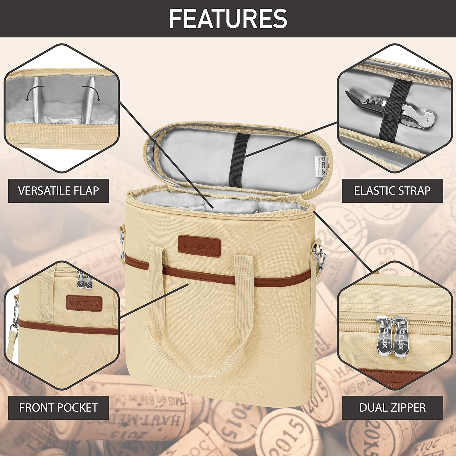 OPUX 3 Bottle Wine Carrier Tote, Insulated Leakproof Wine Cooler Bag, Wine Travel Bag Tote for Picnic Beach, Portable Wine Bottle Carrying Case, Gift for Wine Lover Women Men Christmas, Beige Cream