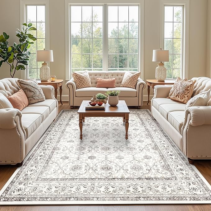 jinchan Floral 6x9 Area Rugs for Living Room - Machine Washable Vintage Distressed Boho Design Throw Rug Stain Resistant Carpet Low-Pile Thin Non-Slip for Bedroom Dining Room Nursery (6‘x9',Beige)-BubblyBeeBaby