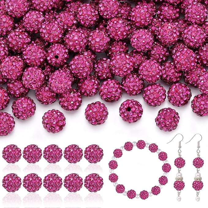 160pcs 10mm Rhinestone Beads for Jewelry Making, Fuchsia Shiny Round Disco Ball Beads Bulk, Sparkle Crystal Clay Christmas for Bracelet Baseball Necklace Earring Crafting and DIY-BubblyBeeBaby