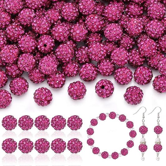 200pcs 10mm Rhinestone Beads for Jewelry Making, Fuchsia Shiny Round Disco Ball Beads Bulk, Sparkle Crystal Clay Christmas for Bracelet Baseball Necklace Earring Crafting and DIY-BubblyBeeBaby