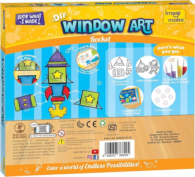 Imagimake Window Art for Kids - Rocket | Suncatcher Kits for Kids, Arts and Crafts for Ages 6-8 | Birthday Gifts for 5 6 7 8 9 10 11 12 Years Old Boys & Girls-BubblyBeeBaby