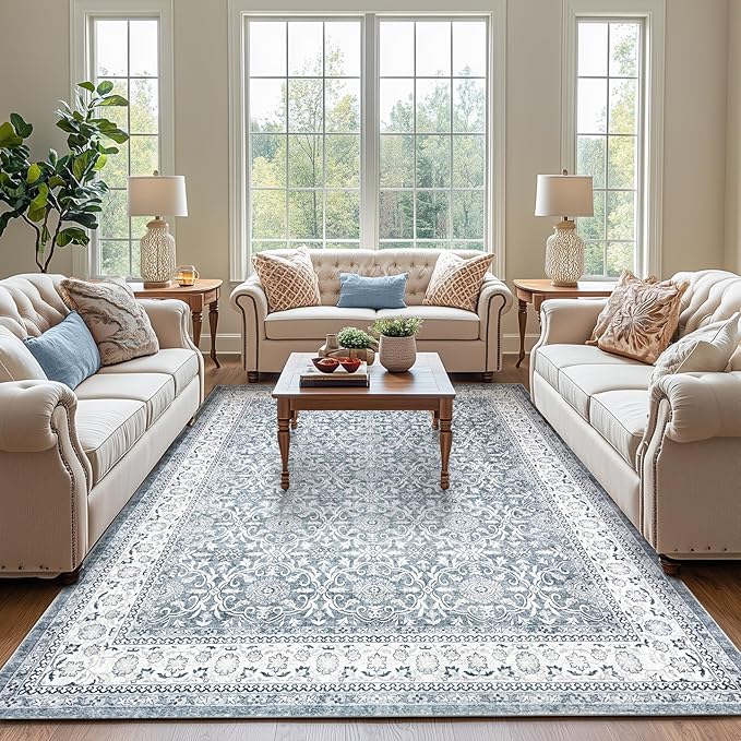 jinchan Floral 9x12 Area Rugs for Living Room - Machine Washable Vintage Distressed Boho Design Soft Throw Rug Large Carpet Low-Pile Thin Non-Slip for Bedroom Dining Room Nursery (9‘x12',Grey)-BubblyBeeBaby