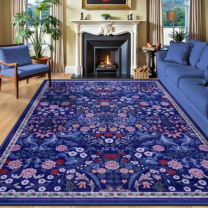 10x12 Area Rugs for Living Room: Floral Washable Rug Vintage Large Soft Boho Non-Slip Carpet Indoor Floor Stain Resistant Low Pile Carpets for Bedroom Dining Room Farmhouse Nursery Hallway Home Office-BubblyBeeBaby