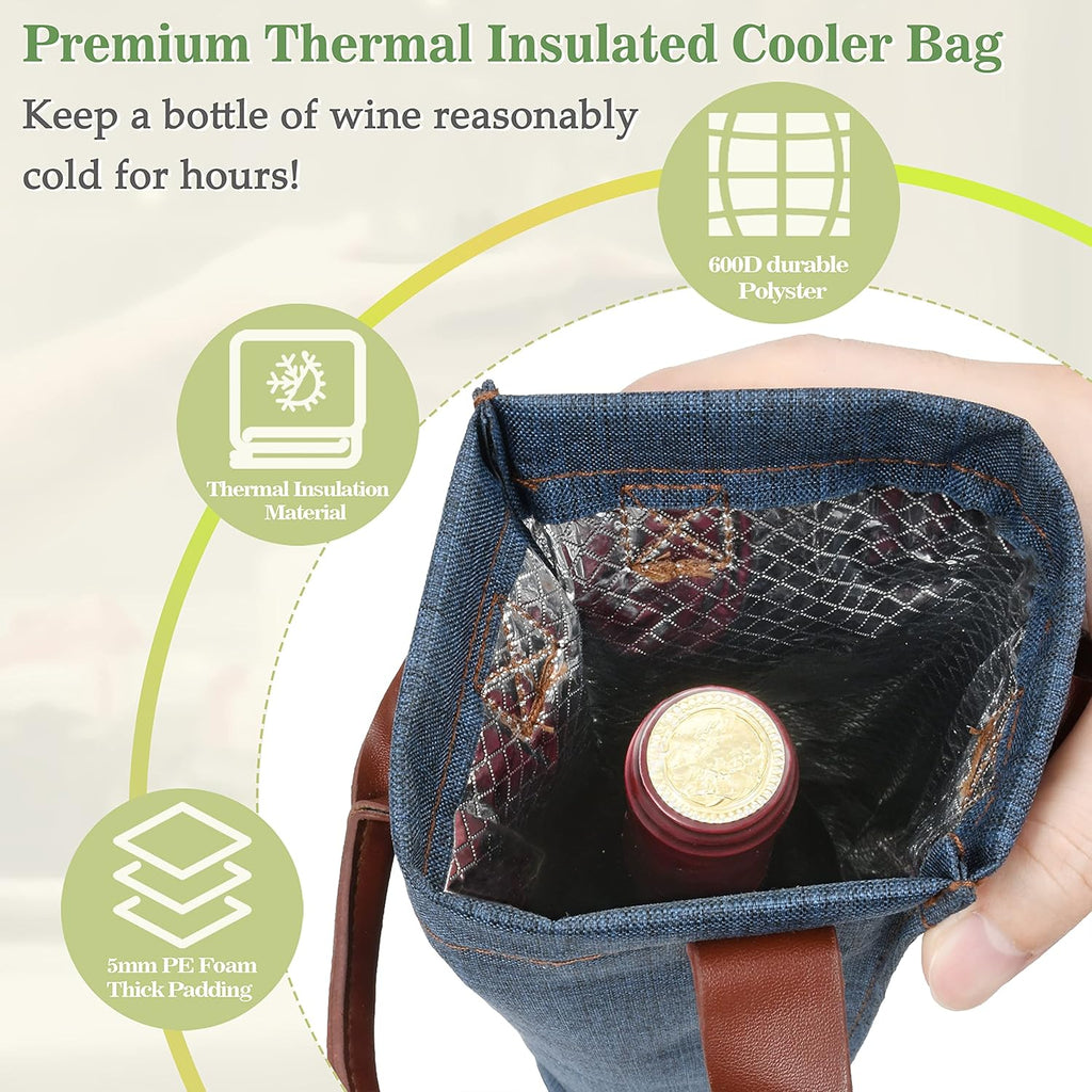 Tirrinia Single Wine Carrier Tote, Insulated Wine Cooler Bag for Travel, Picnic, & Wine Gifts – Thermal Padded Wine Bottle Holder Tote for Men & Women, Wine Gift for Wine Lovers,Blue