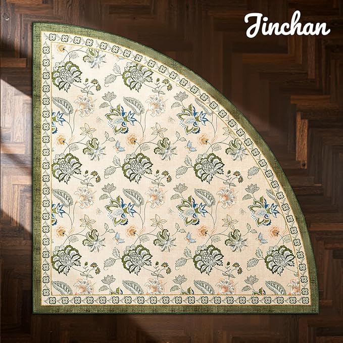 jinchan Floral Corner Rug for Living Room Washable Bedroom Rug Vintage Romance Design Non Slip Quarter Circle Lightweight Low-Pile Throw Carpet for Reading Nook Playroom,8ft Radius, Green/Beige-BubblyBeeBaby
