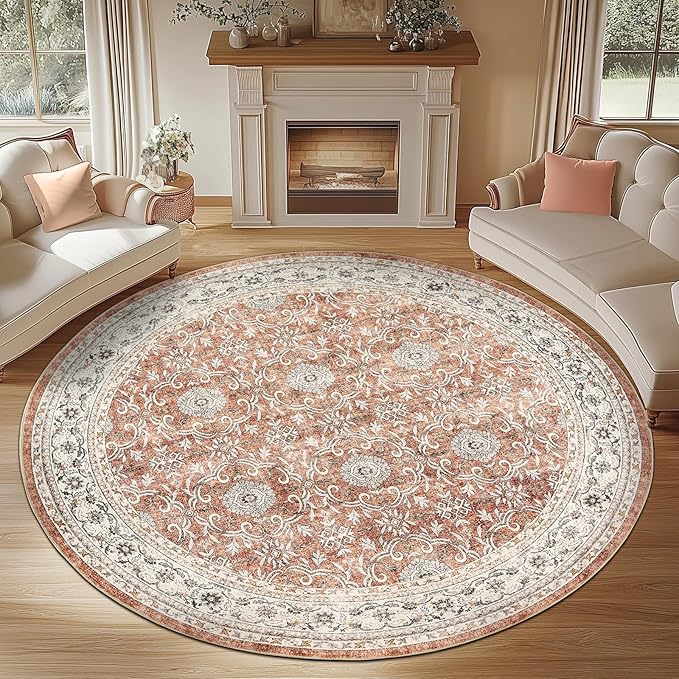 jinchan Round Rug 8ft Washable Circle Soft Rug - Low Pile Vintage 8'Round Indoor Orange Floral Print Stain Resistant Boho Carpet Ultra-Thin Non-Slip for Living Room Bedroom Dining Room Kitchen-BubblyBeeBaby