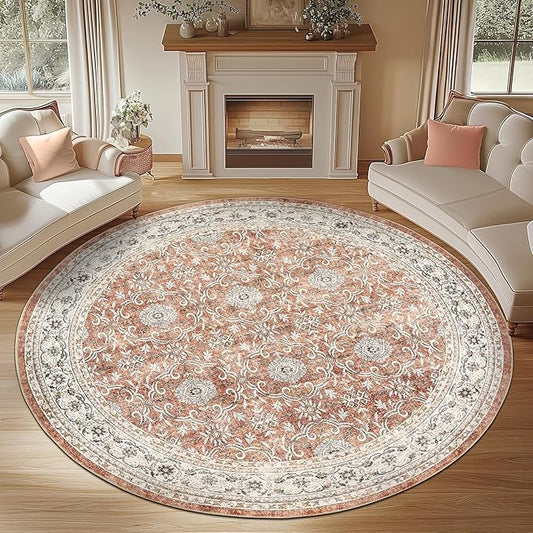 jinchan Round Rug 7ft Washable Circle Soft Rug - Low Pile Vintage 7'Round Indoor Orange Floral Print Stain Resistant Boho Carpet Ultra-Thin Non-Slip for Living Room Bedroom Dining Room Kitchen-BubblyBeeBaby