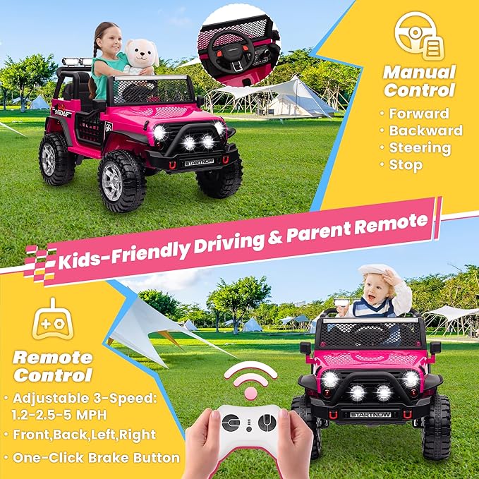 24V 4WD Ride on Truck Car w/800W Motors, Gift Flower, Remote Control, 2 Seaters, Light Bar, 3 Speeds, Pop Music, Power Four Wheels, 24 Volt Ride on Toy Car for Big Kids, Rose Red-BubblyBeeBaby