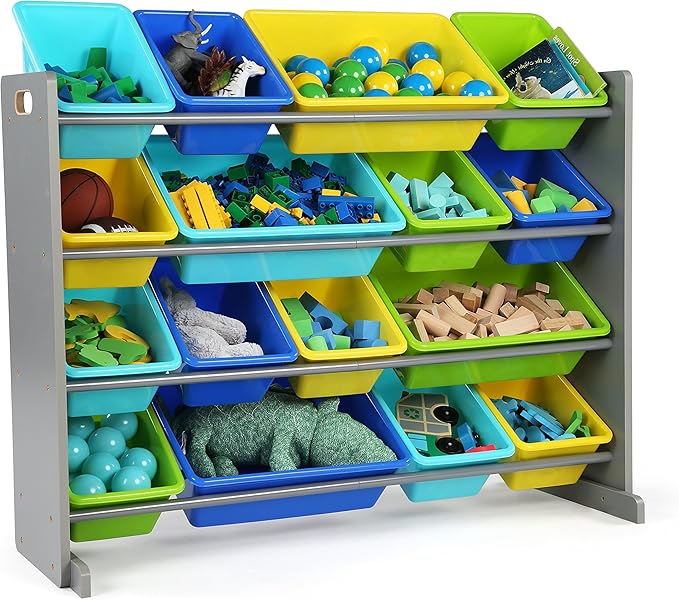 Humble Crew Supersized Toy Storage Organizer with 16 Removable Bins, Grey/Blue/Green/Yellow – Large Toy Storage for Toddlers Ideal for Kids' Rooms, Playrooms, and Nurseries - Modern Toy Bins for Kids-BubblyBeeBaby
