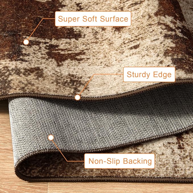 Kelarea 2x3 Brown Entryway Rug, Washable Abstract Small Rugs Non-Slip Low Pile Throw Rugs for Kitchen Floor, Front Door, Bedroom Bedside-BubblyBeeBaby