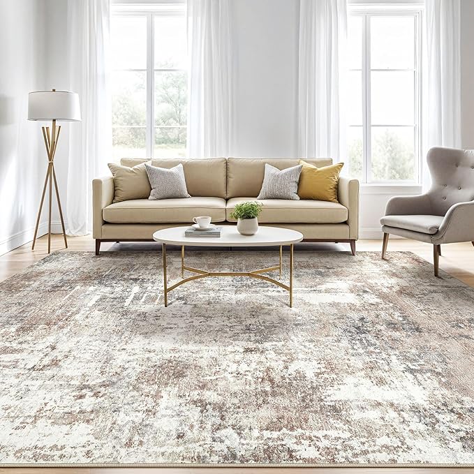 10x14 Area Rugs Living Room: Washable Large Abstract Modern Soft Rug Stain Resistant Indoor Floor Non Slip Accent Carpet for Bedroom Nursery Playroom Office Dining Room Dorm Home House- Brown-BubblyBeeBaby