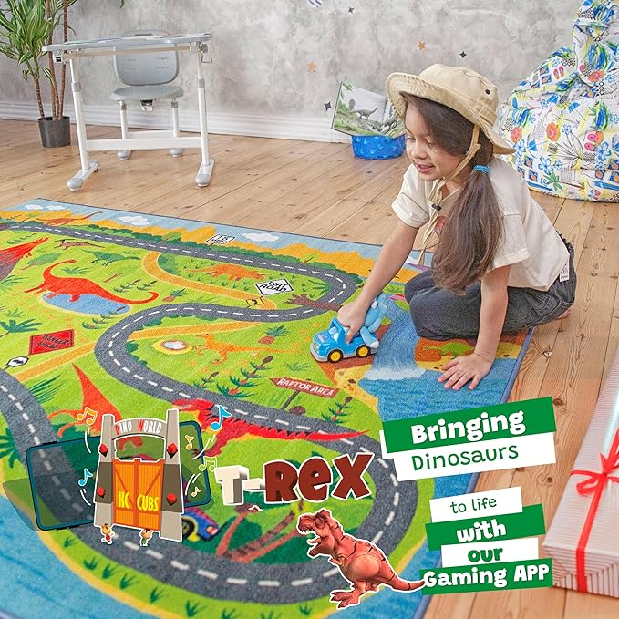 KC Cubs 3x5 Dinosaur Toy Car Dino Road Rug – Educational Play Mat Carpet for Kids, Toddlers, Nursery, Classroom, Playroom, Baby Daycare, Boys & Girls-BubblyBeeBaby