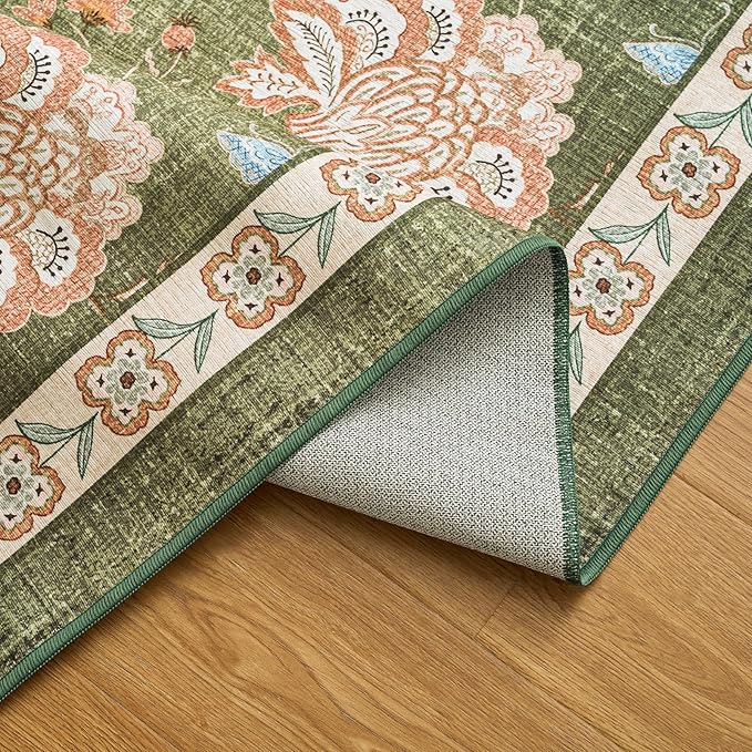 jinchan Floral Corner Rug for Living Room Washable Bedroom Rug Vintage Romance Design Non Slip Quarter Circle Lightweight Low-Pile Throw Carpet for Reading Nook Playroom,7ft Radius, Green-BubblyBeeBaby