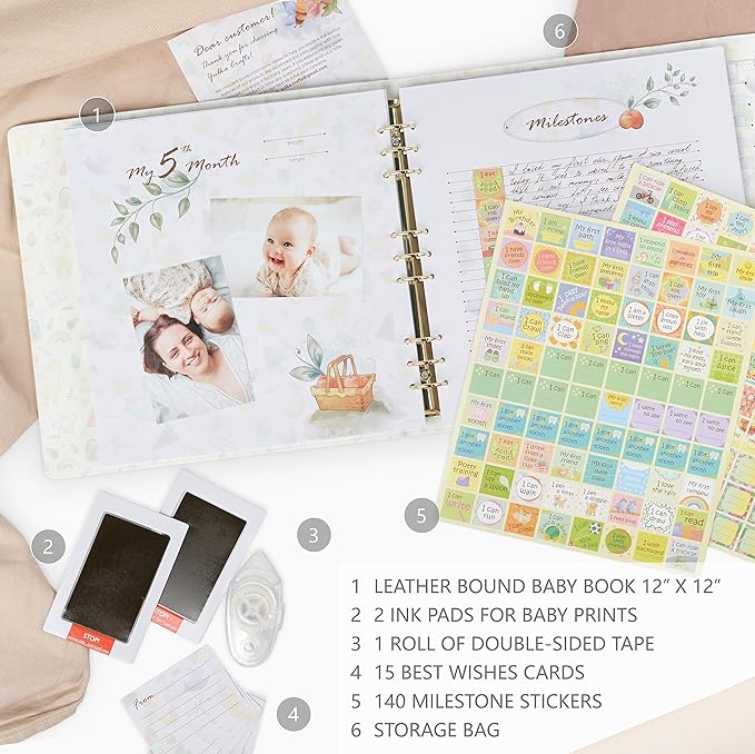 Keepsake Baby Memory Book Girl Boy – Timeless Leather-Bound Baby Milestone Book – Baby Book Keepsake Record First 5 Years – Gender Neutral Baby Scrapbook Album Baby Album Journal Registry Search Gift-BubblyBeeBaby