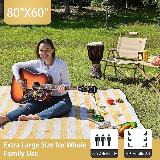 HX&OD Outdoor Picnic Blanket Extra Large, 80''*60'' Waterproof Picnic Mat with Stakes Foldable Camping Blanket Portable with Carry Strap for Beach Mat (Green& White, 80''*60'')-BubblyBeeBaby