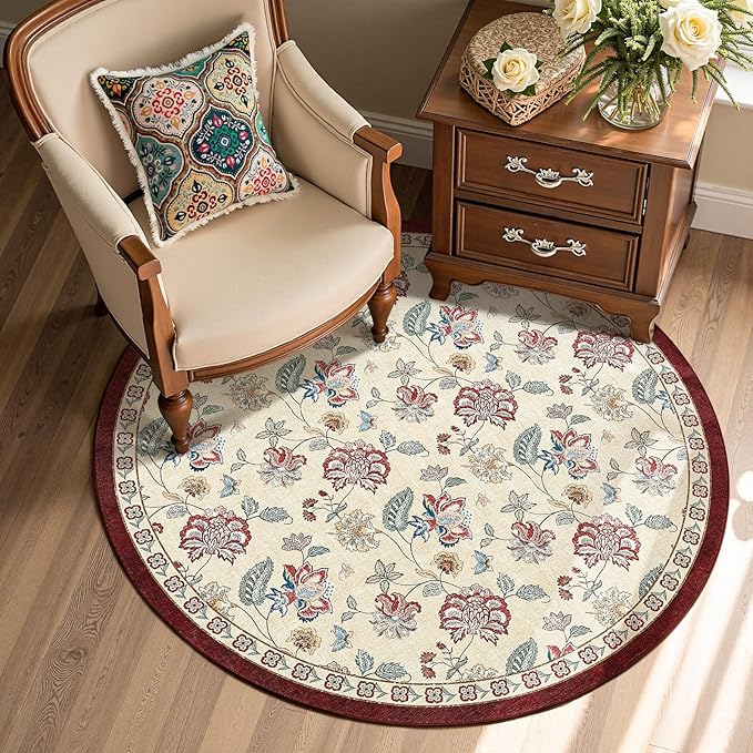 jinchan 4ft Floral Round Rug for Entryway Washable Kitchen Rug Vintage Romance Design Non Slip Indoor Doormat Lightweight Low-Profile Throw Carpet for Living Room Dining Room Bedroom, Red/Beige-BubblyBeeBaby