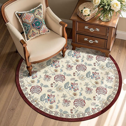 jinchan 4ft Floral Round Rug for Entryway Washable Kitchen Rug Vintage Romance Design Non Slip Indoor Doormat Lightweight Low-Profile Throw Carpet for Living Room Dining Room Bedroom, Red/Beige-BubblyBeeBaby