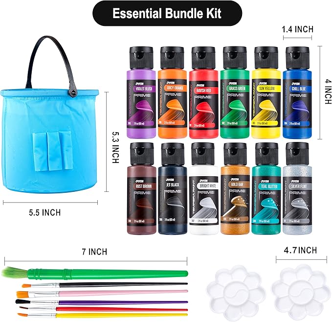 JOYIN 12PCS Washable Kids Tempera Paint Set (2 oz Each), 6 Brushes, 2 Palette & 1 Stretchable Washing Bucket, Non-Toxic Kids Liquid Paint for Arts and Crafts Project, Finger Painting, Hobby Painters-BubblyBeeBaby