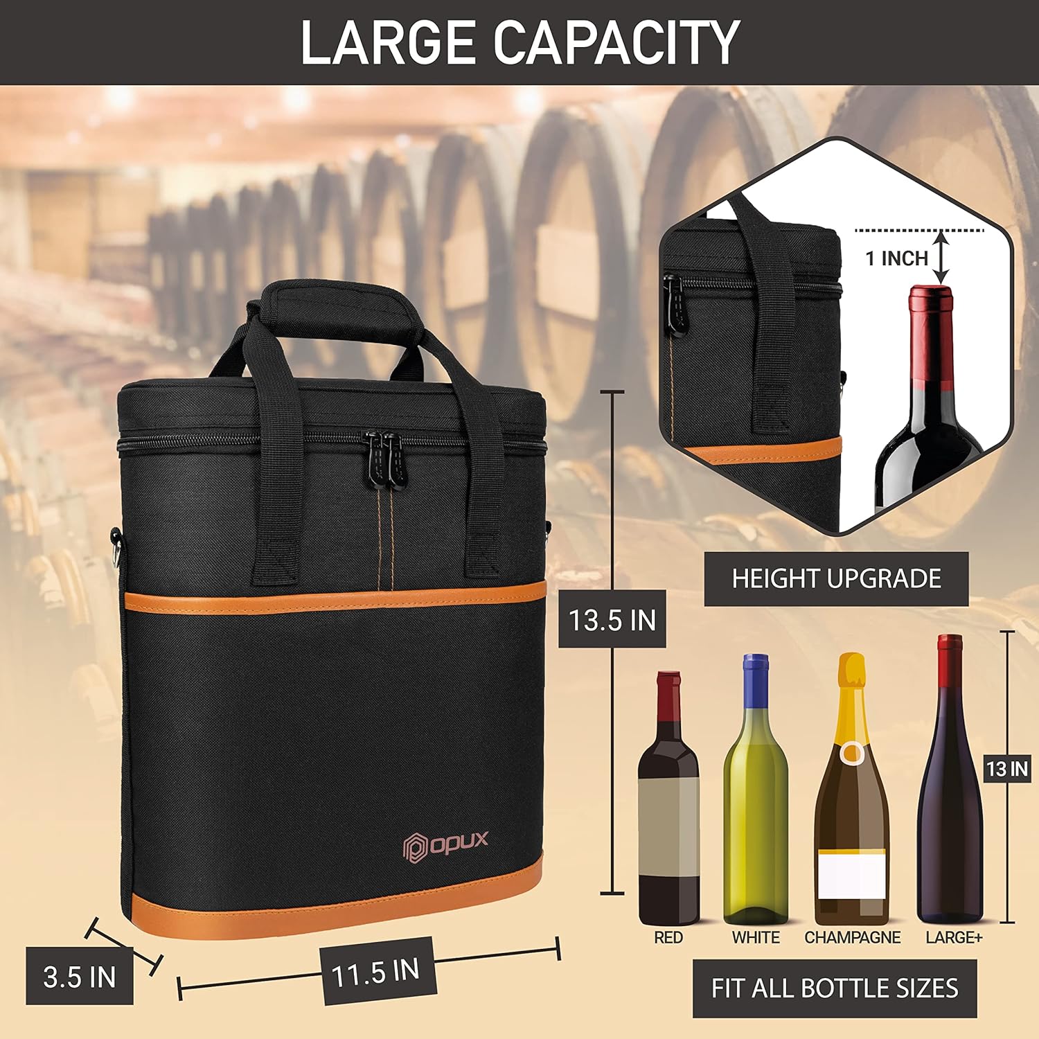 OPUX 3 Bottle Wine Carrier Tote, Insulated Leakproof Wine Cooler Bag, Wine Travel Bag Tote for Picnic BYOB Beach, Portable Wine Bottle Carrying Case, Gift for Wine Lover Women Men Christmas, Brown