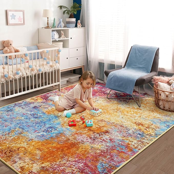 Kelarea Living Room Rug, 4x6 Modern Abstract Washable Rugs, Colorful Soft Non Slip Low Pile Carpet, Stain Resistant Rugs for Bedroom, Dining Room, Nursery, Home Office-BubblyBeeBaby