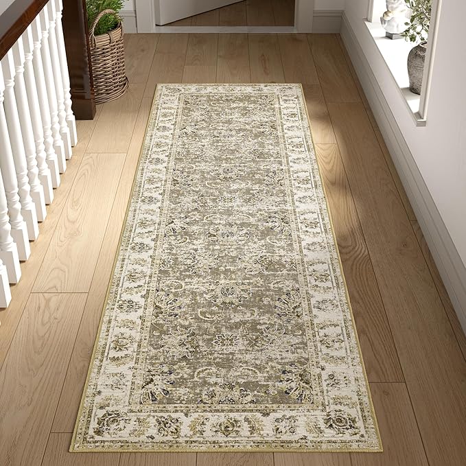 jinchan Runner Rug 2x6 Washable Hallway Runner - Vintage Floral Non Slip Low-Pile Soft Thin Kitchen Rug Distressed Carpet for Farmhouse Bedroom Entryway Laundry Room(2x6ft,Taupe)-BubblyBeeBaby