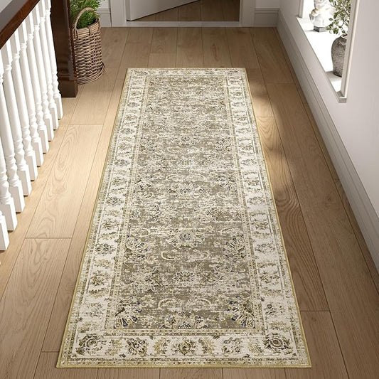 jinchan Runner Rug 2x6 Washable Hallway Runner - Vintage Floral Non Slip Low-Pile Soft Thin Kitchen Rug Distressed Carpet for Farmhouse Bedroom Entryway Laundry Room(2x6ft,Taupe)-BubblyBeeBaby